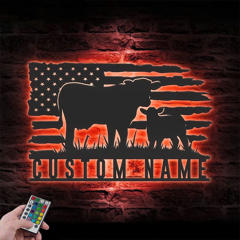 Custom Name Livestock Calf Farm Name Sign Home Decor Heifer Barn, Metal Wall Signs With RGB Led Light