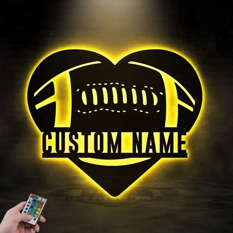 Custom Name Love Football, Metal Wall Signs With RGB Led Light