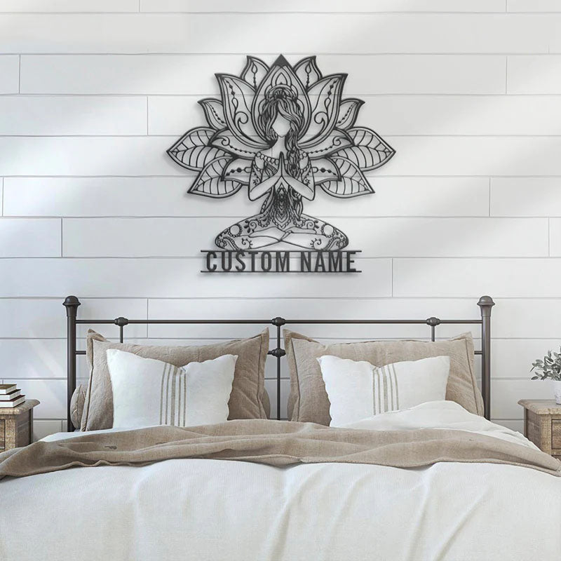 Custom Name Mandala Yoga Girl Metal Sign Wall Art With RGB Led Light