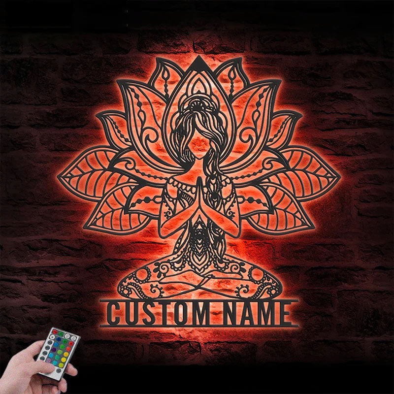 Custom Name Mandala Yoga Girl Metal Sign Wall Art With RGB Led Light