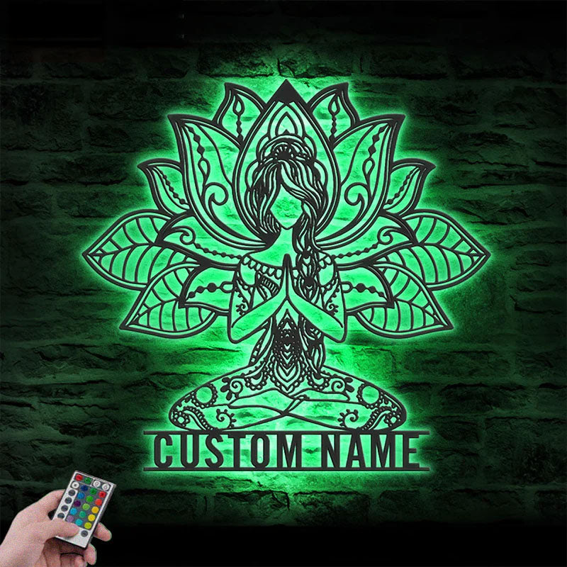 Custom Name Mandala Yoga Girl Metal Sign Wall Art With RGB Led Light