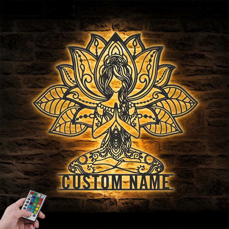Custom Name Mandala Yoga Girl Metal Sign Wall Art With RGB Led Light