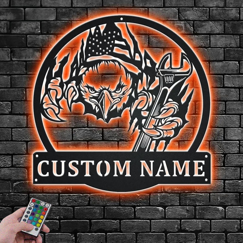 Custom Name Mechanic Garage Name Sign Decoration For Room, Metal Wall Signs With RGB Led Light