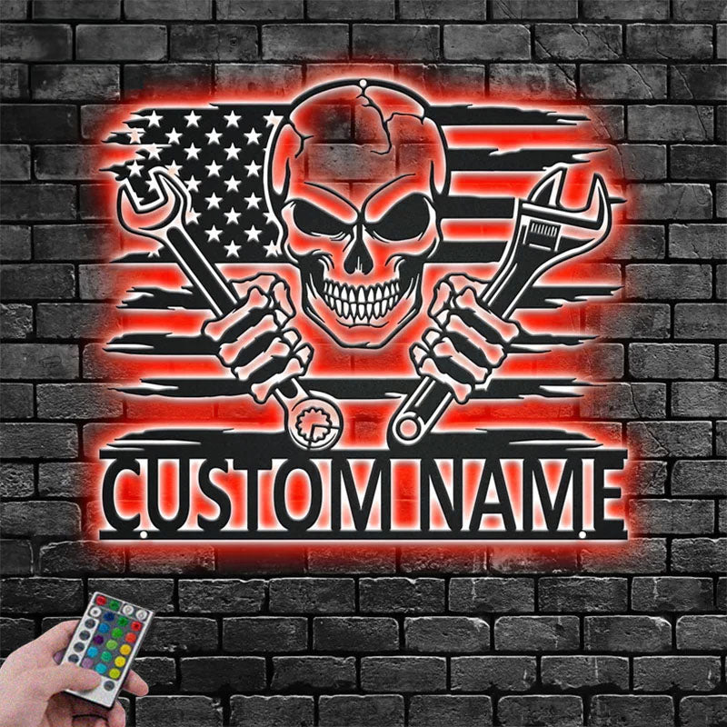 Custom Name Mechanic Garage Name Sign Decoration For Room, Metal Wall Signs With RGB Led Light