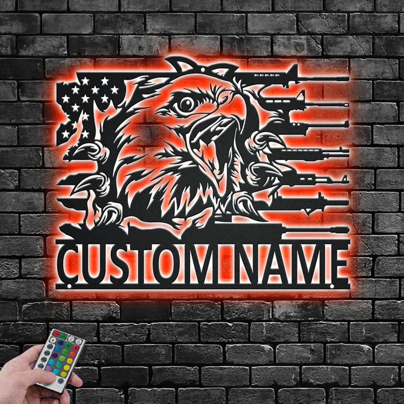 Custom Name Military Eagle Name Sign Decoration For Room, Metal Wall Signs With RGB Led Light