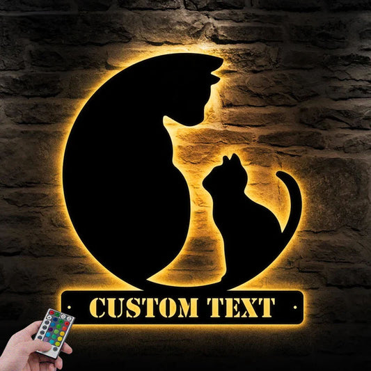 Custom Name Mom and Cat, Metal Wall Signs With RGB Led Light