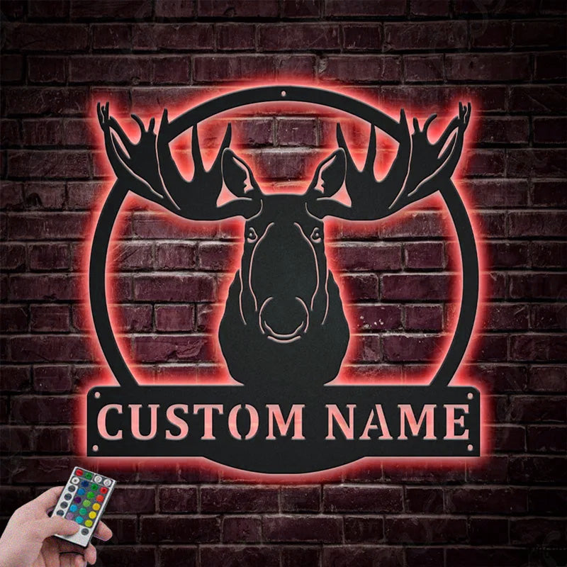 Custom Name Moose Head Anima Metal Wall Signs With RGB Led Light