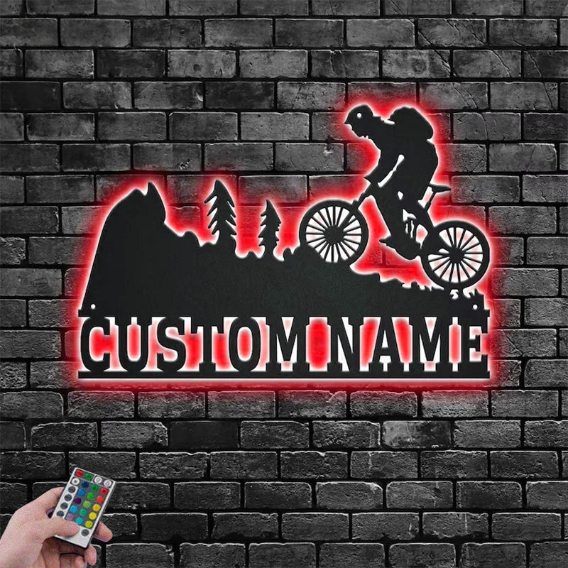Custom Name Mountain Bike Name Sign Decoration For Room, Metal Wall Signs With RGB Led Light