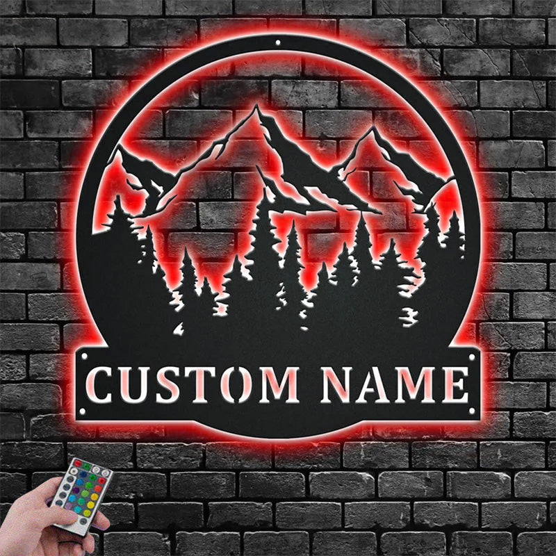 Custom Name Mountain Camper Name Sign Metal Wall Signs With RGB Led Light