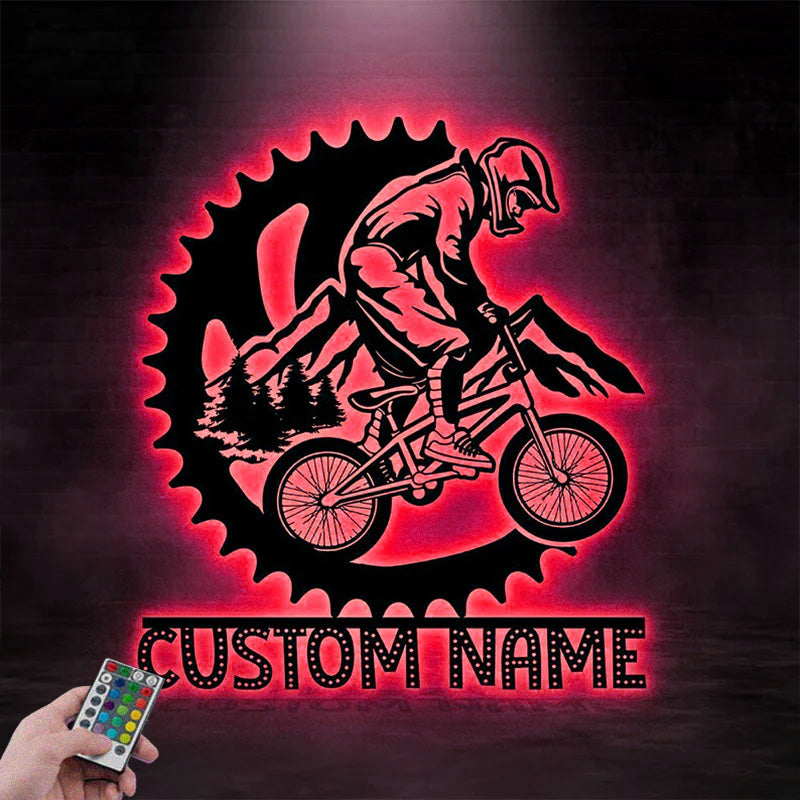 Custom Name Moutain Biking For Home A Half Of Chain Metal Wall Signs With RGB Led Light