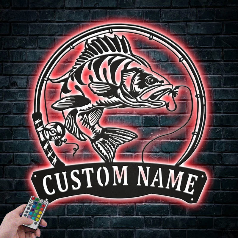 Custom Name Perch Fishing Fish Pole Metal Wall Signs With RGB Led Light