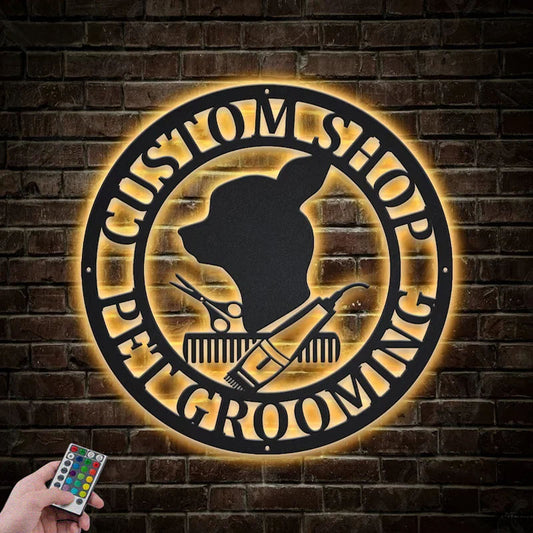 Custom Name Pet Grooming, Metal Wall Signs With RGB Led Light