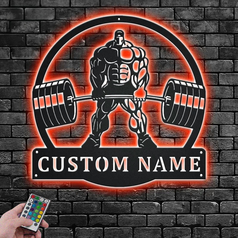Custom Name Powerlifting Name Sign Decoration For Room, Metal Wall Signs With RGB Led Light