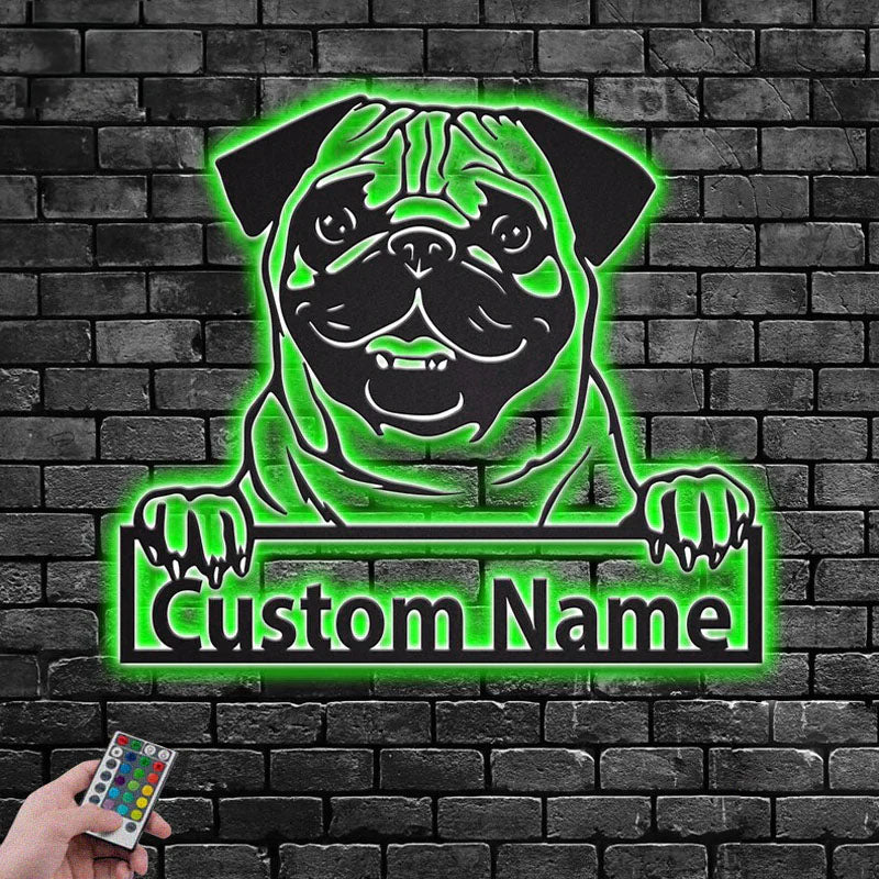 Custom Name Pug Name Sign Decoration For Dog Room, Metal Wall Signs With RGB Led Light