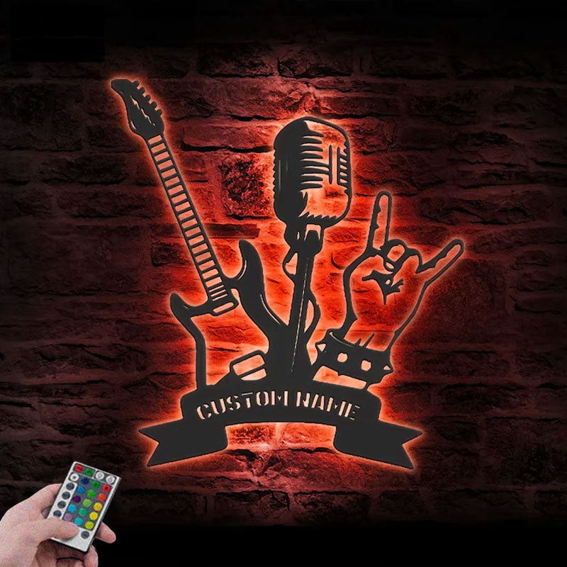 Custom Name Rock And Roll Name Sign Home Decor Music Room, Metal Wall Signs With RGB Led Light