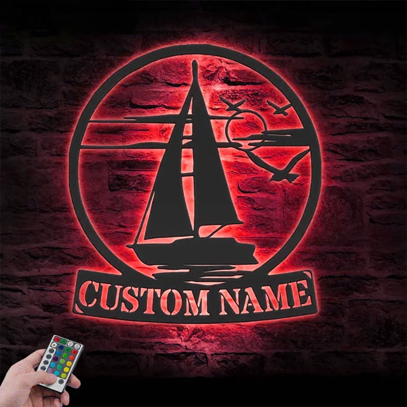Custom Name Sailboat Metal Wall Signs With RGB Led Light