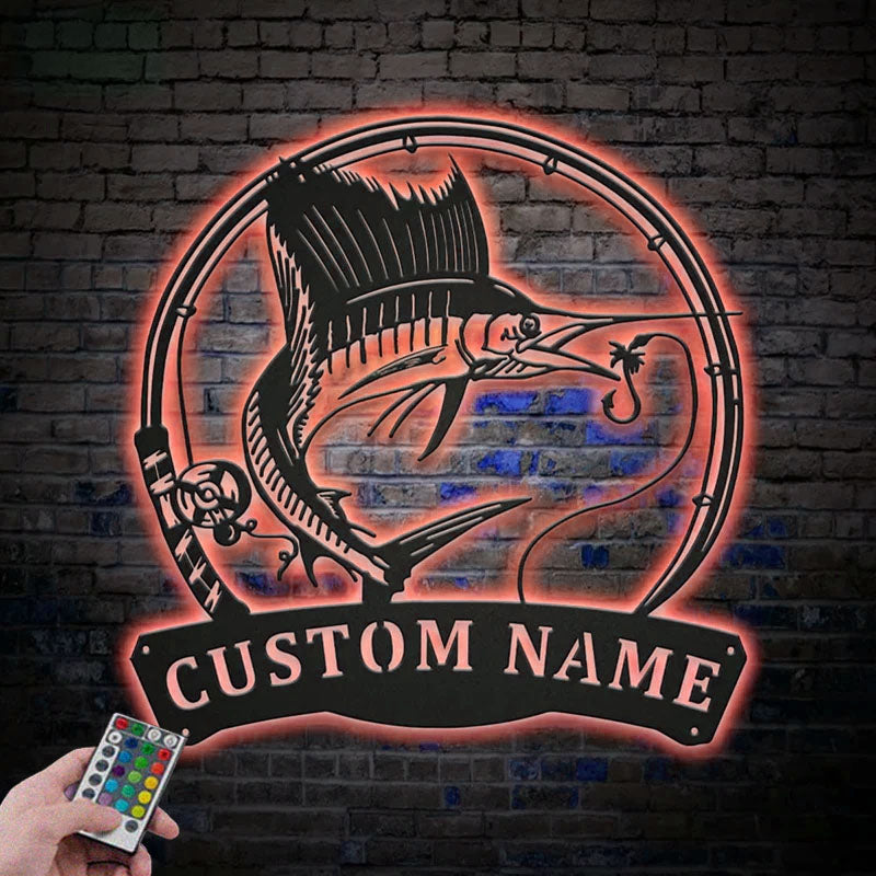 Custom Name Sailfish Fishing Fish Pole Metal Wall Signs With RGB Led Light