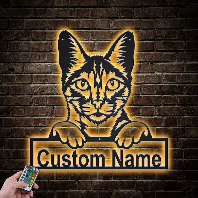 Custom Name Savannah Cat, Metal Wall Signs With RGB Led Light