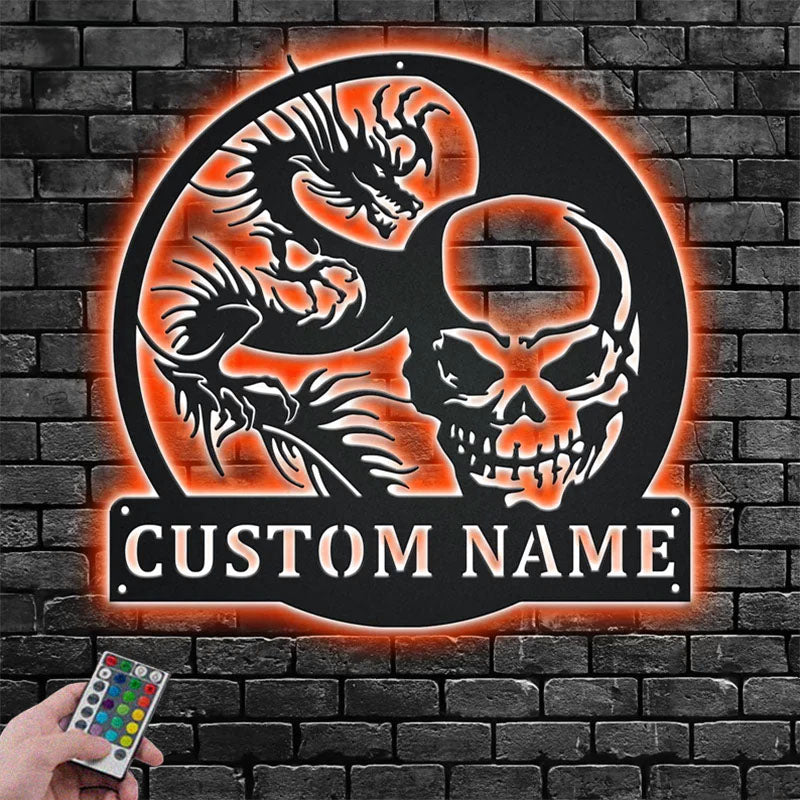 Custom Name Skull And Dragon Name Sign Decoration For Room, Metal Wall Signs With RGB Led Light