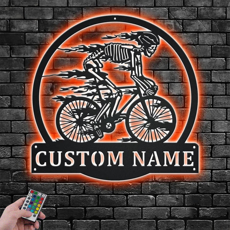 Custom Name Skull Bicycle Metal Wall Signs With RGB Led Light