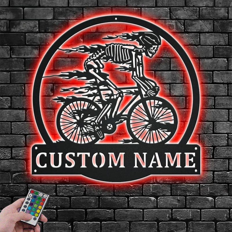 Custom Name Skull Bicycle Name Sign Decoration For Room, Metal Wall Signs With RGB Led Light