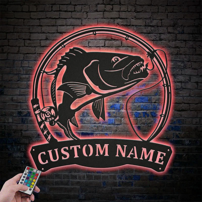 Custom Name Snapper Fishing Fish Pole Metal Wall Signs With RGB Led Light