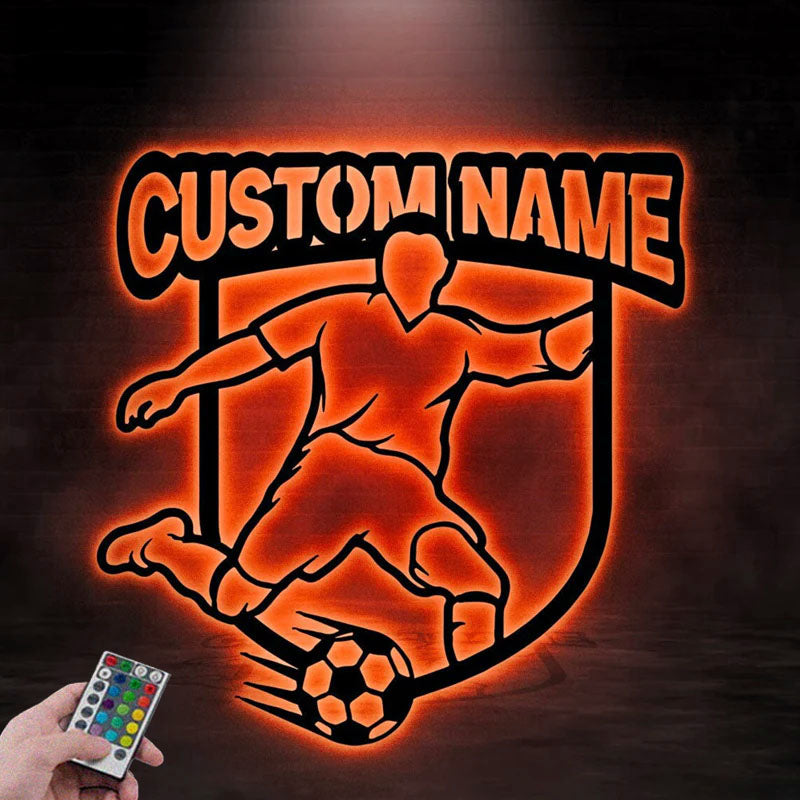 Custom Name Soccer Player Metal Wall Signs With RGB Led Light