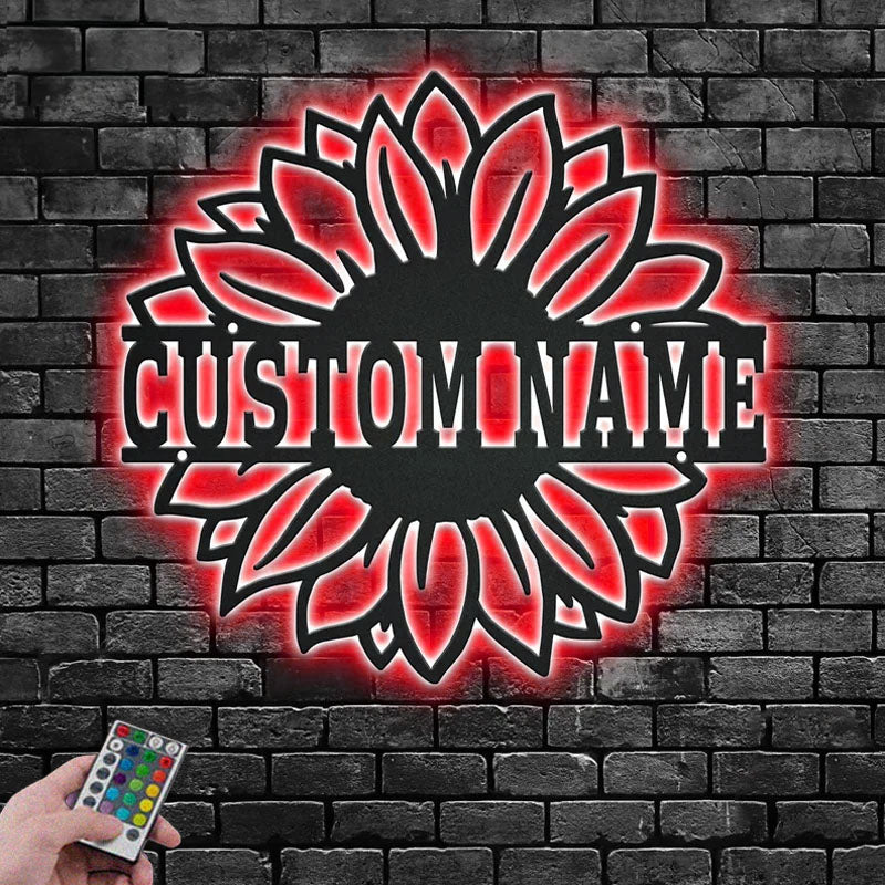 Custom Name Sunflower Name Sign Decoration For Room, Metal Wall Signs With RGB Led Light