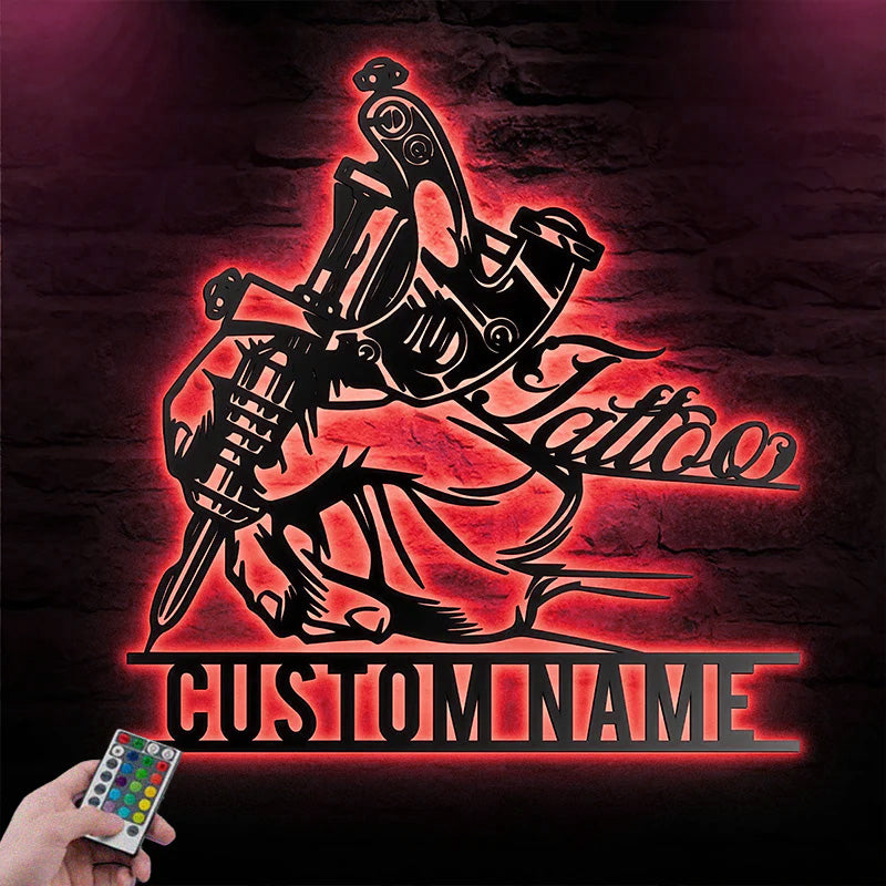 Custom Name Tattoo Machine Metal Wall Art Metal Wall Signs With RGB Led Light