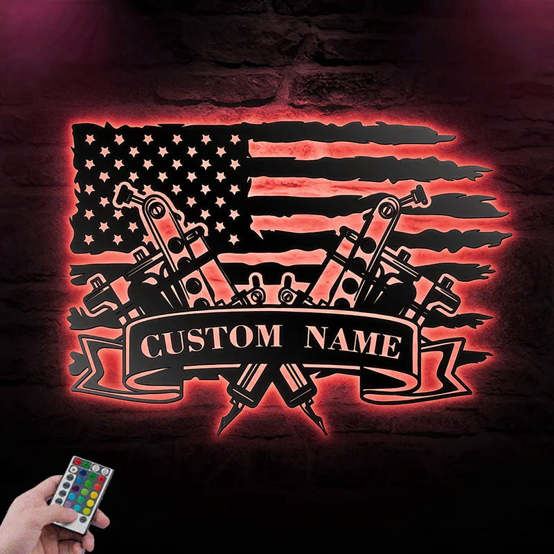 Custom Name Tattoo Machine Metal Wall Art With Led Light