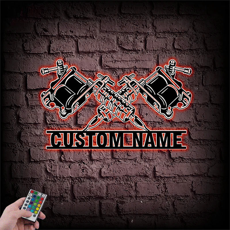 Custom Name Tattoo Shop Metal Wall Signs With RGB Led Light