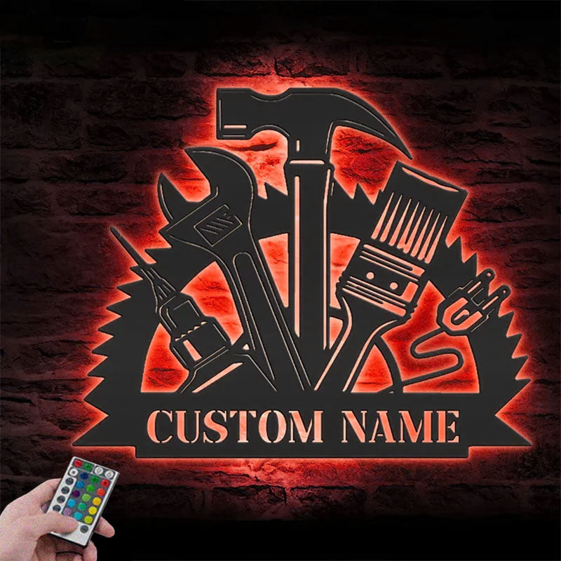 Custom Name Tools Shop Name Sign Home Decor Mechanic Tools Metal Wall Signs With RGB Led Light