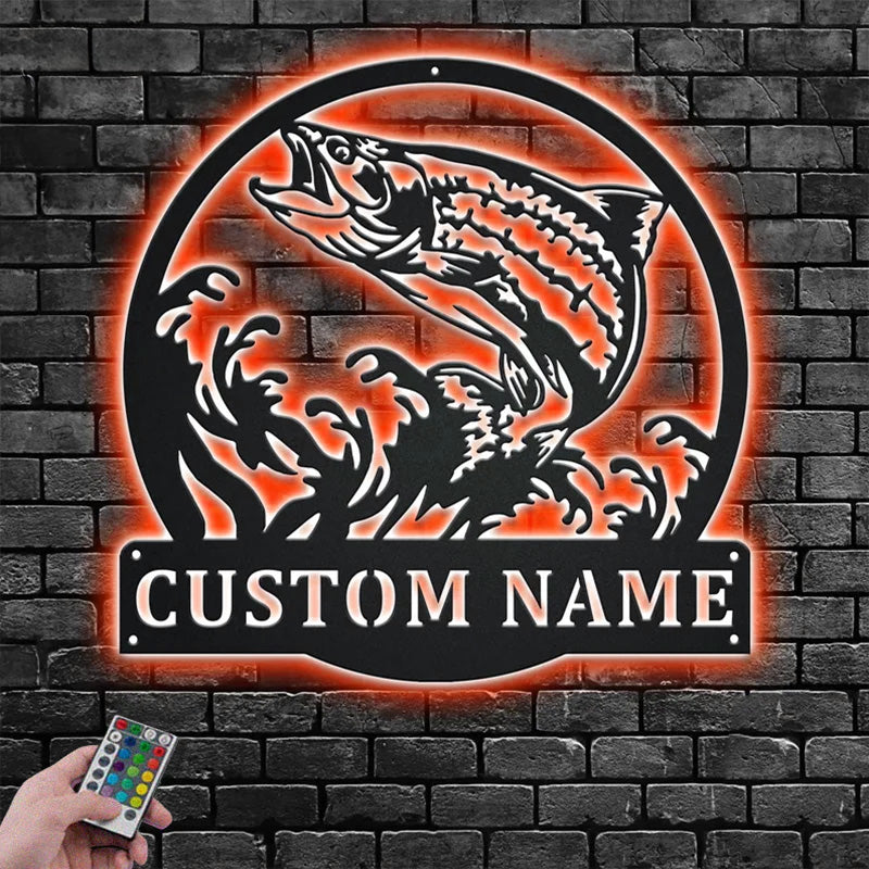 Custom Name Trout Fish Name Sign Decoration For Room, Metal Wall Signs With RGB Led Light
