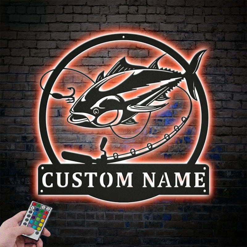 Custom Name Tuna Fishing Fish Pole Metal Wall Signs With RGB Led Light