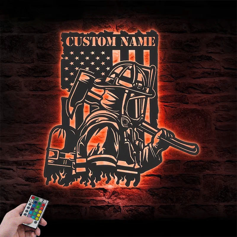 Custom Name USA Fireman Name Sign Home Decor Metal Wall Signs With RGB Led Light