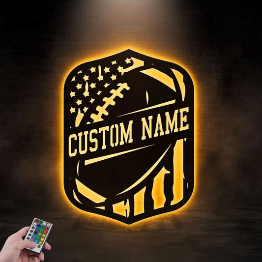 Custom Name USA Flag Football Sign, Metal Wall Signs With RGB Led Light