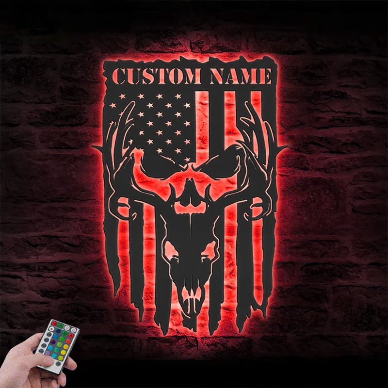 Custom Name US Buck Head Skull Hunter Metal Wall Signs With RGB Led Light