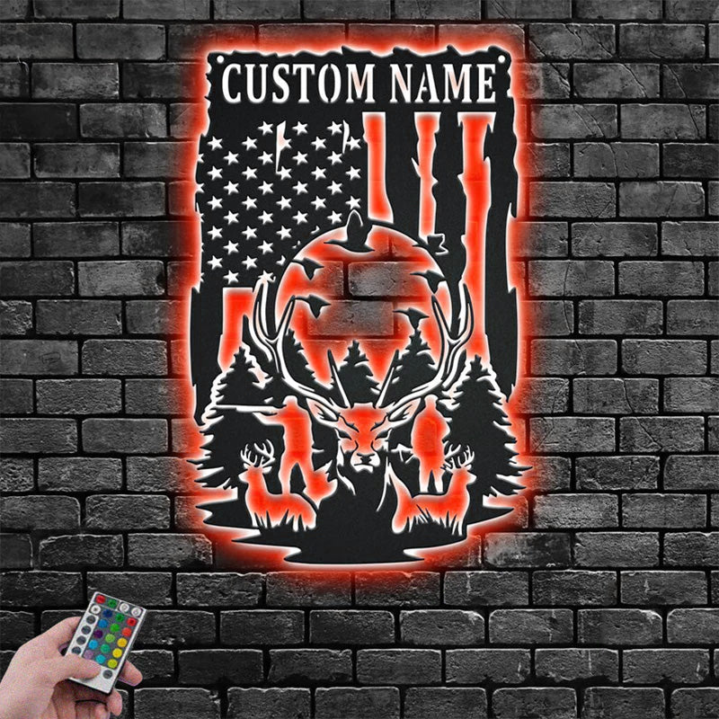 Custom Name US Deer Hunting Metal Wall Signs With RGB Led Light
