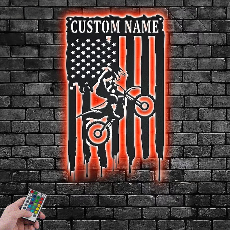 Custom Name US Dirt Bike Metal Wall Signs With RGB Led Light