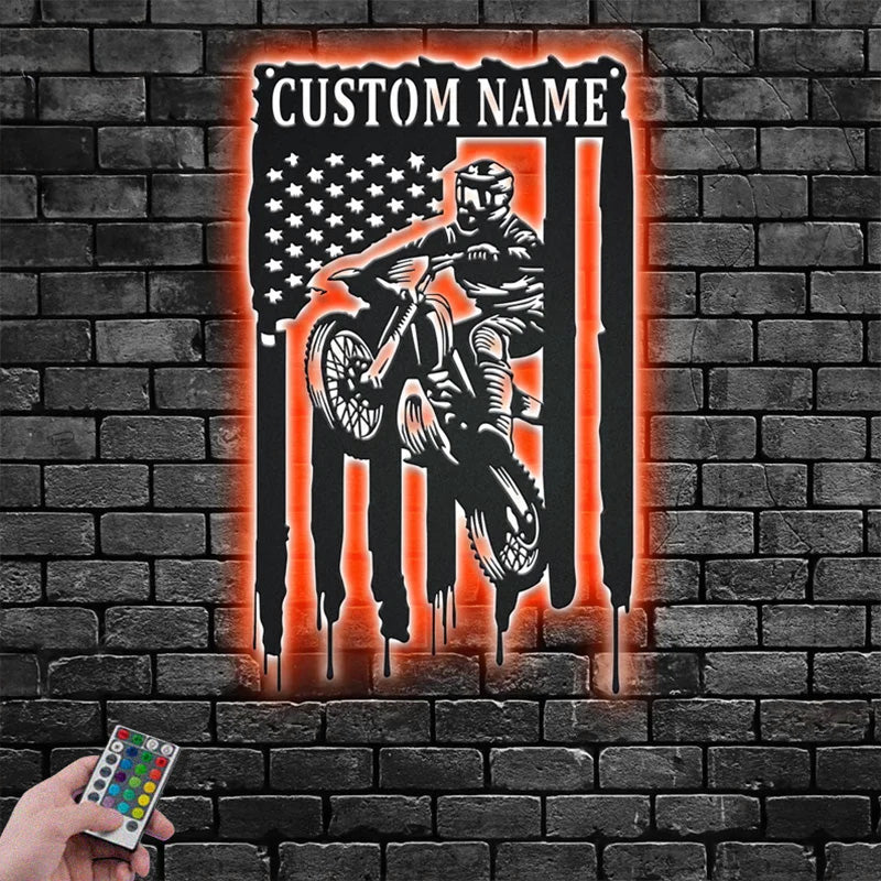 Custom Name US Dirt Bike Name Sign Decoration For Room Metal Wall Signs With RGB Led Light