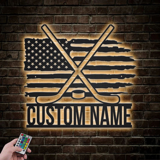 Custom Name US Flag Ice Hockey, Metal Wall Signs With RGB Led Light