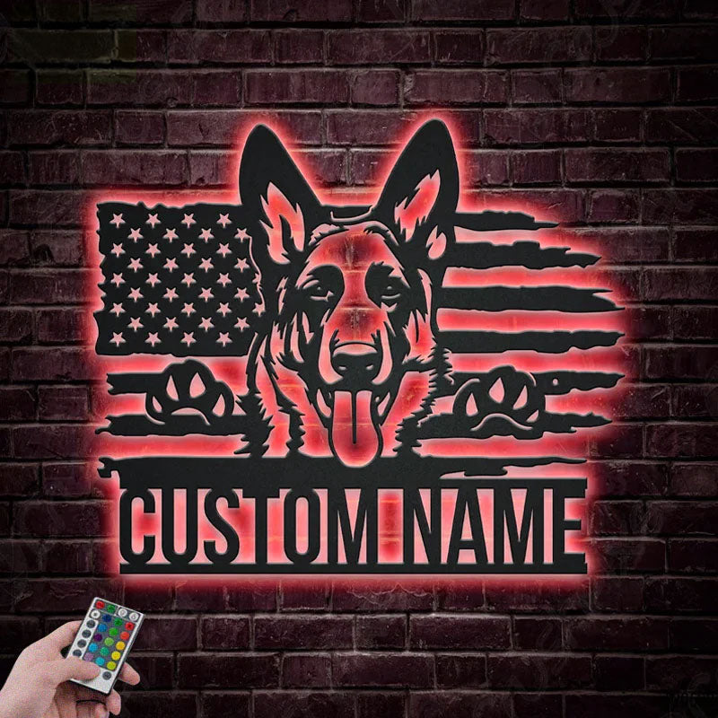 Custom Name US German Shepherd Dog, Metal Wall Signs With RGB Led Light