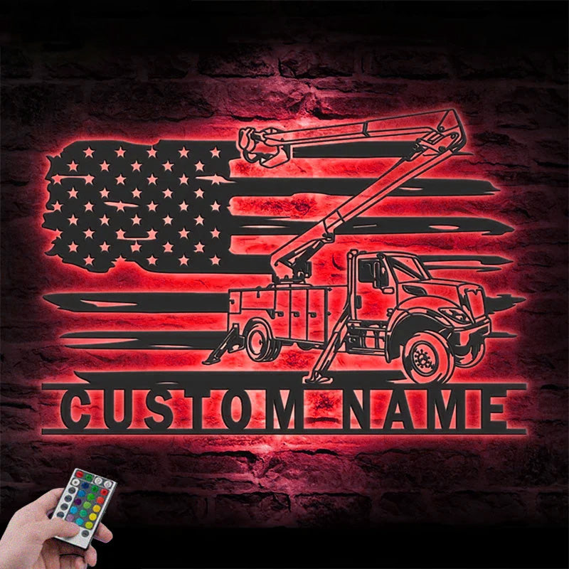 Custom Name US Lineman Bucket Truck Driver Metal Wall Signs With RGB Led Light