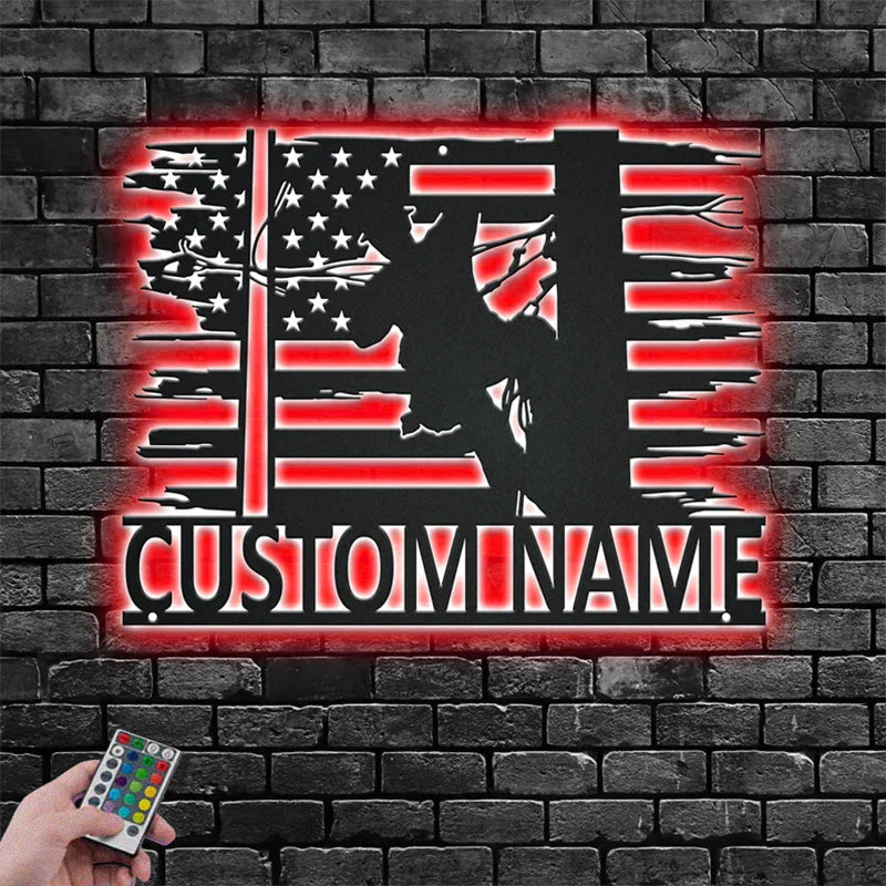 Custom Name US Lineman Metal Wall Signs With RGB Led Light