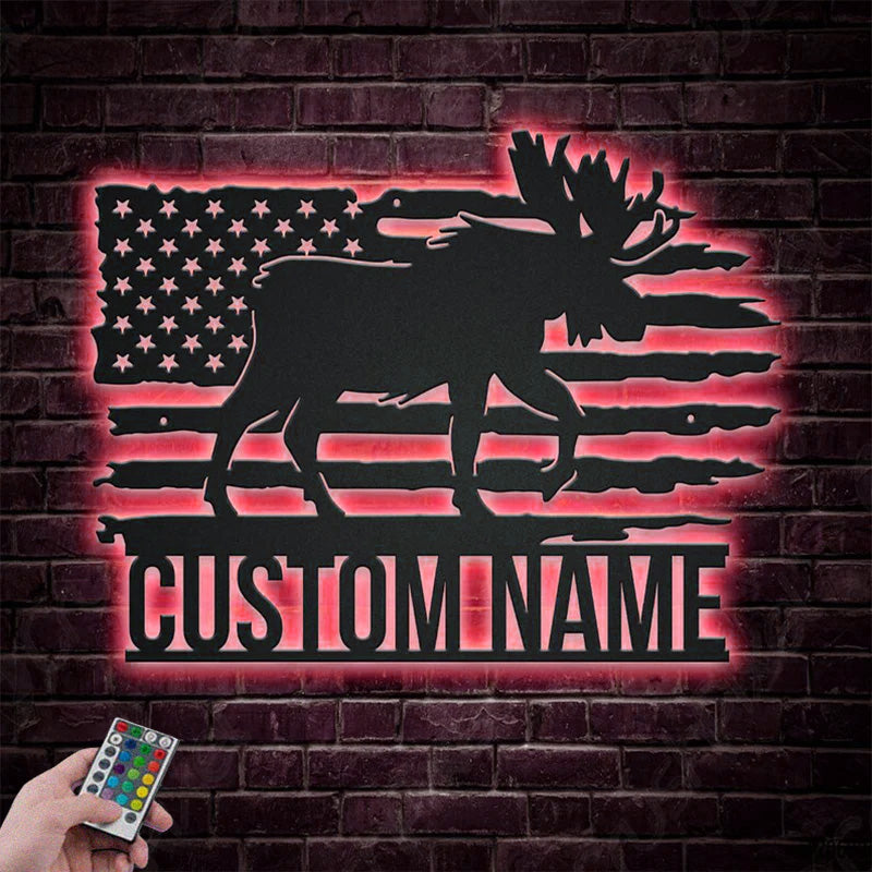 Custom Name US Moose Metal Wall Signs With RGB Led Light