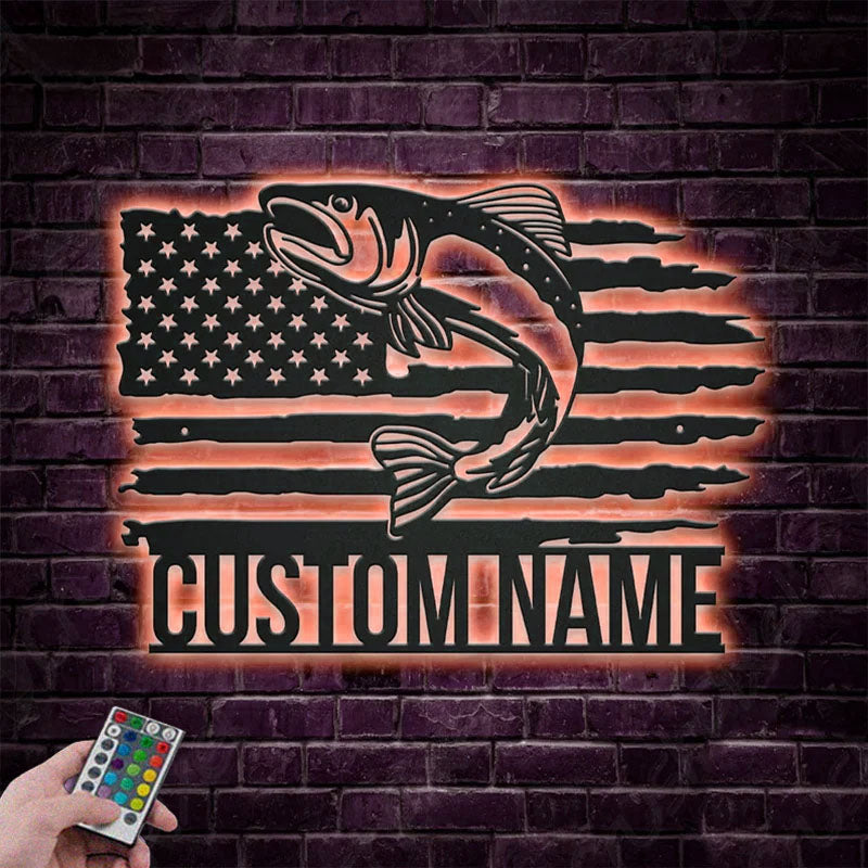 Custom Name US Trout Fishing Metal Wall Signs With RGB Led Light