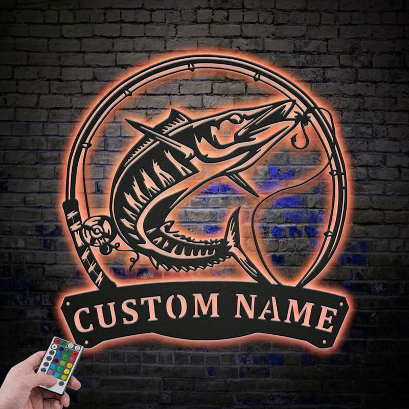 Custom Name Wahoo Fishing Fish Pole Metal Wall Signs With RGB Led Light