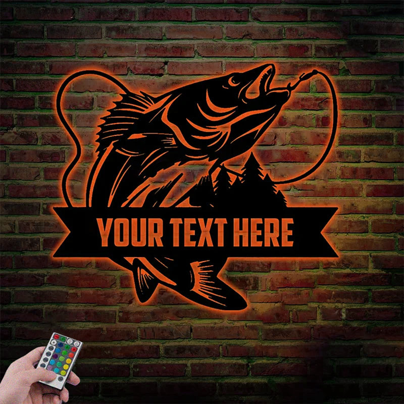 Custom Name Walleye Fishing Metal Wall Signs With RGB Led Light