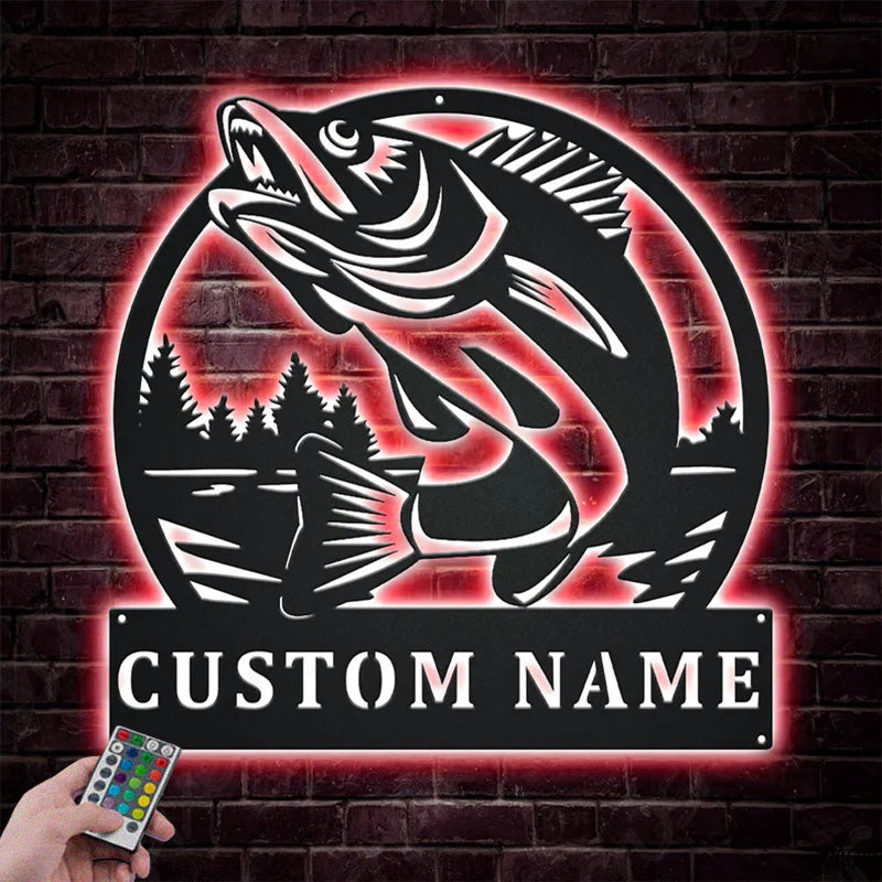 Custom Name Walleye Fishing Metal Wall Signs With RGB Led Light