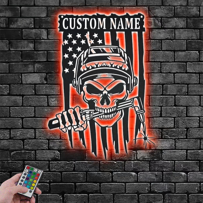 Custom Name Welder Skull Name Sign Decoration For Room, Metal Wall Signs With RGB Led Light